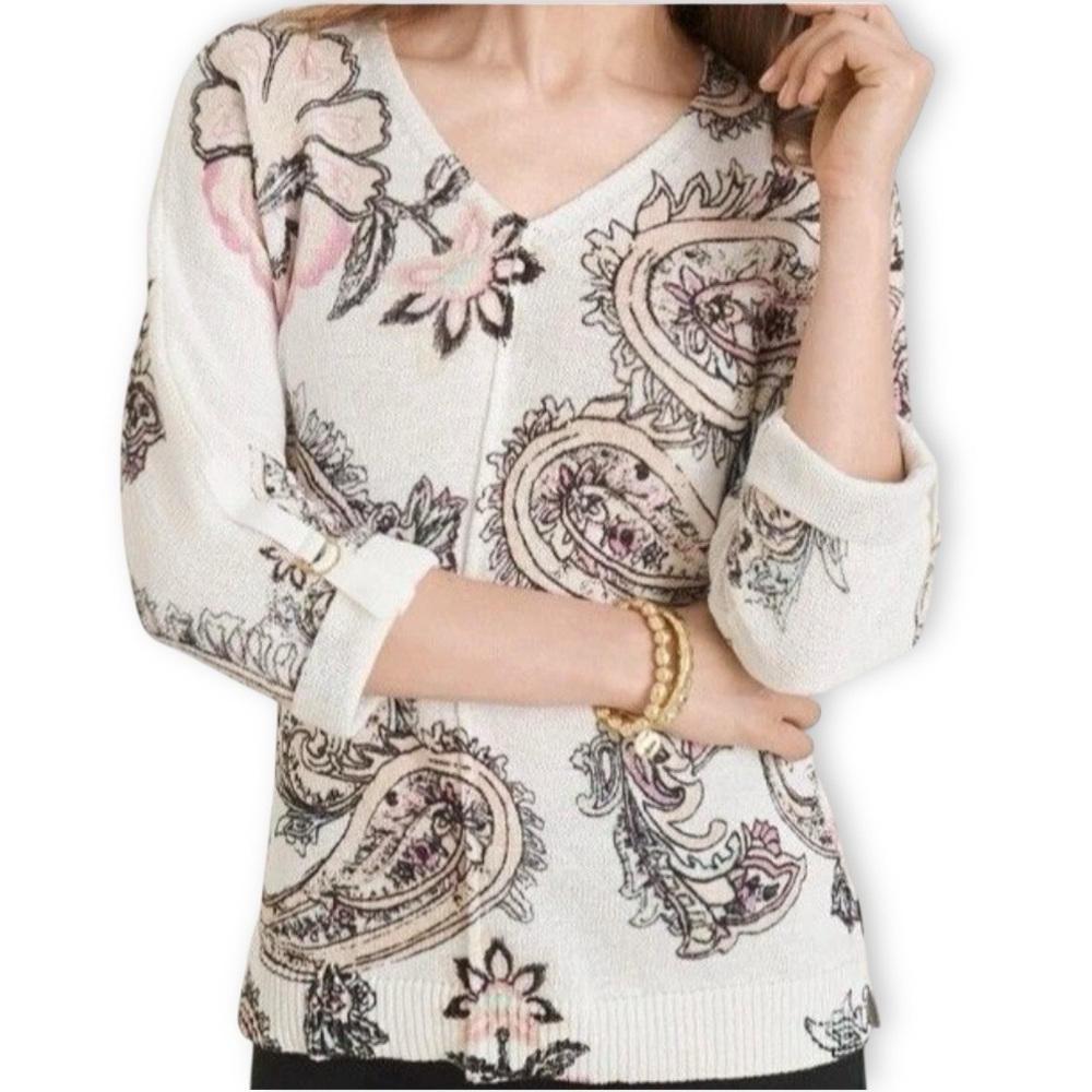 Chico's Blush Pink Paisley Sweater Sz 3 (XL) 3/4 Roll Tab Sleeve Romantic Cotton